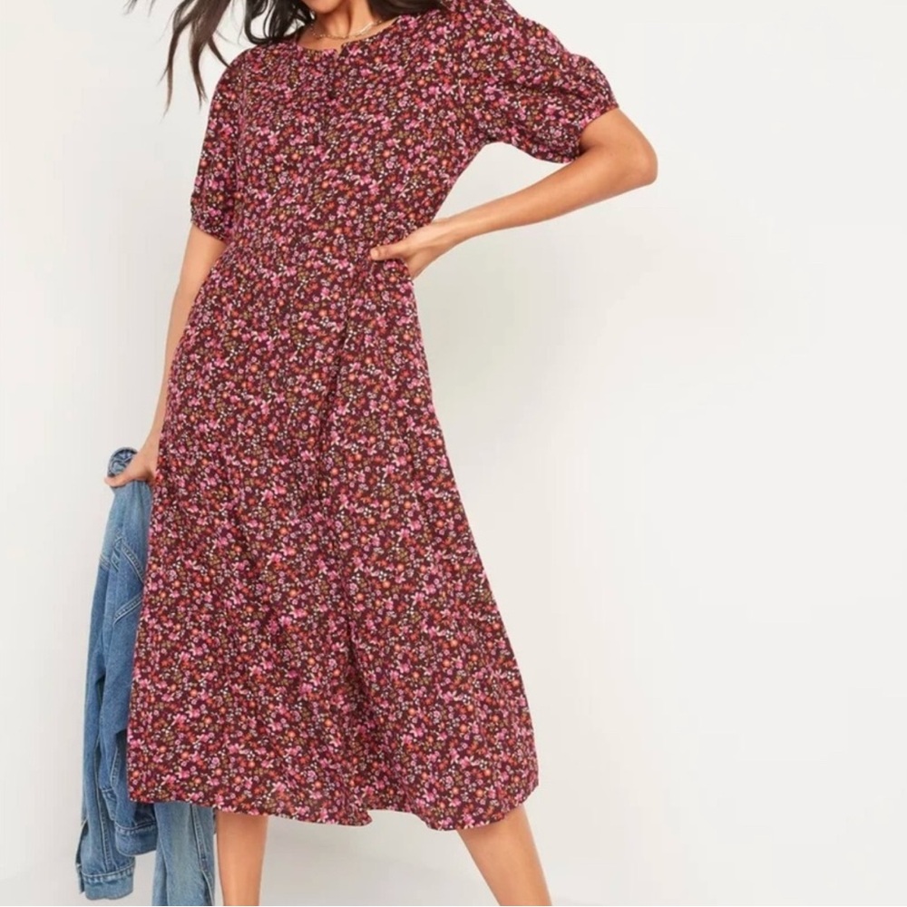 Old Navy Maroon Burgundy Pink Floral Puff Sleeve Midi Dress Size XXL